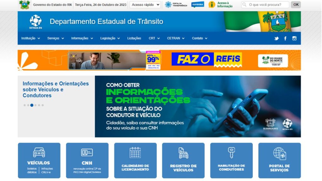 Print Screen da página principal do Detran-RN.