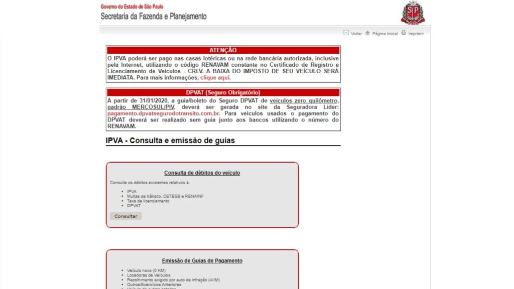Emissão da guia do IPVA 2024 em São Paulo.
