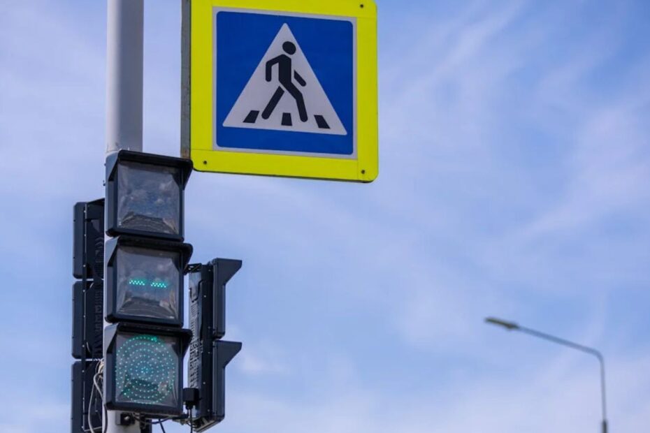 Placa de aviso de pedestres amarela com azul.