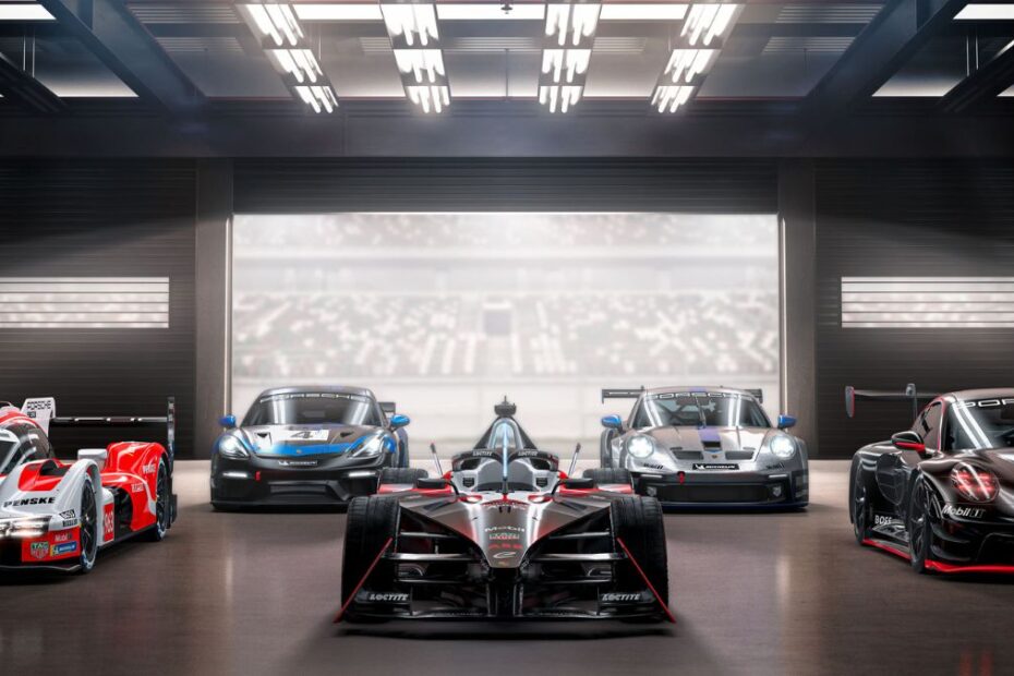 Carros de corrida em garagem.