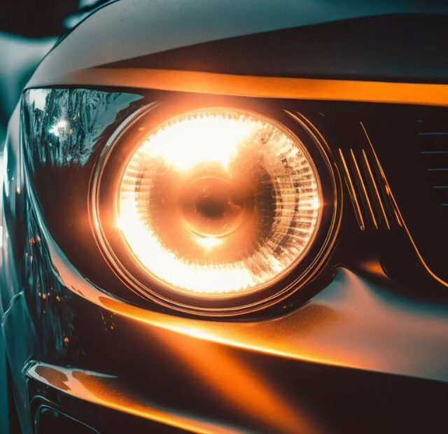 Um farol de um carro ligado.