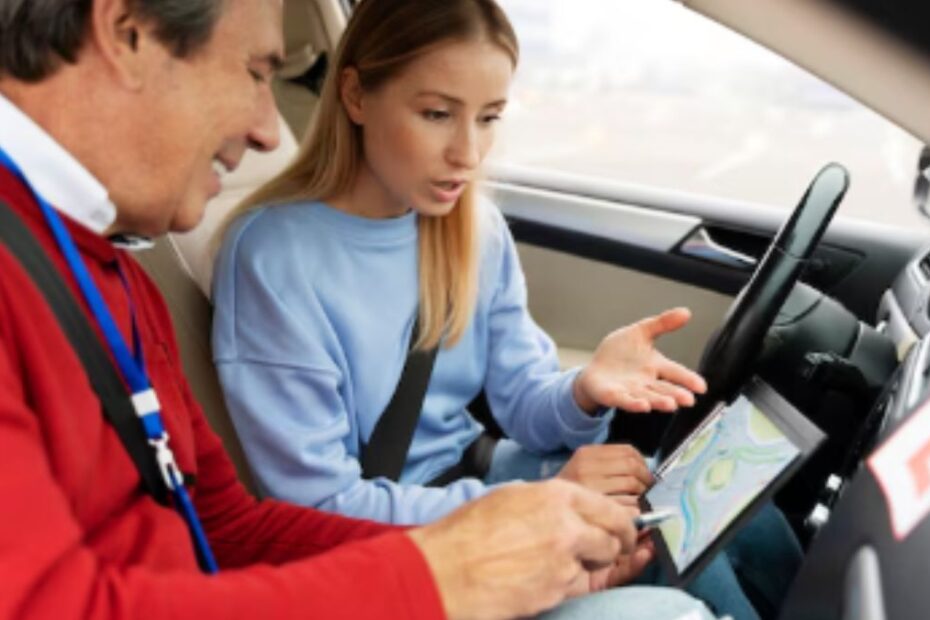 Homem mostrando algo em tablet para mulher.