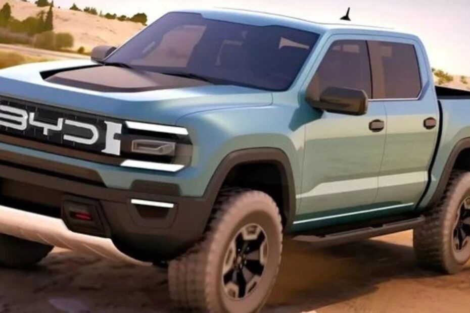 BYD Shark azul parada na diagonal.