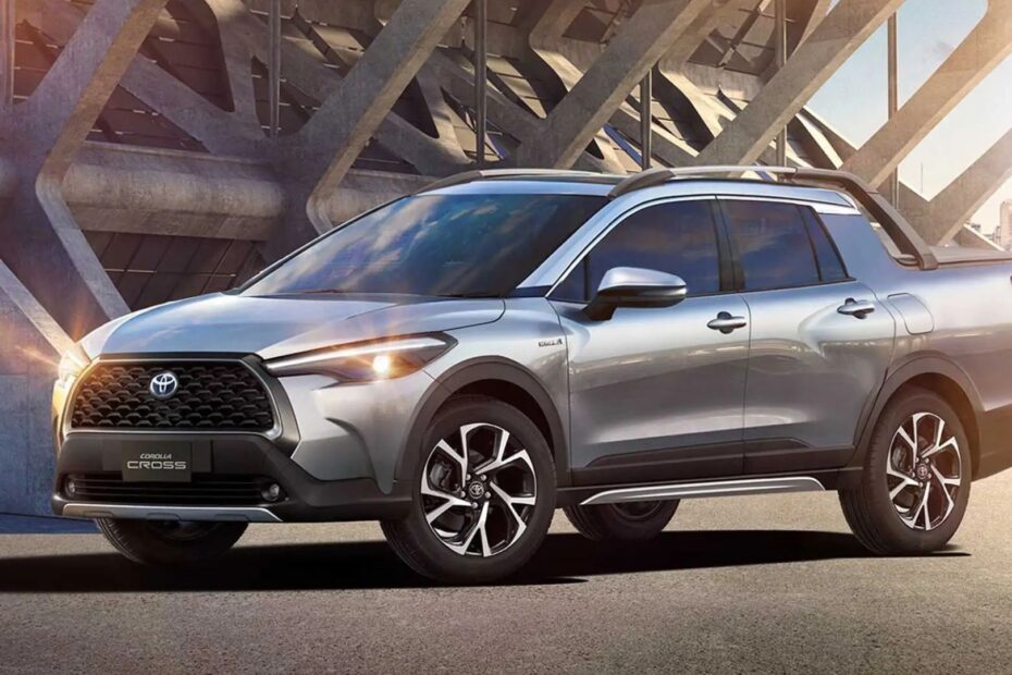 Picape da Toyota prata parada de lado.