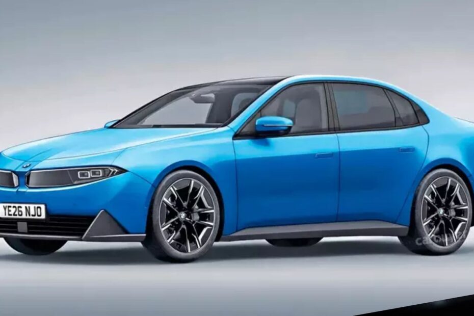 BMW Serie 3 azul na diagonal em um fundo branco.