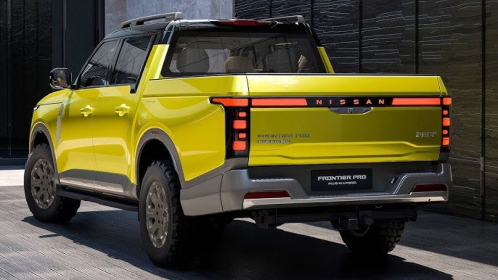 Traseira da Nissan Frontier híbrida plug-in ou Frontier Pro.