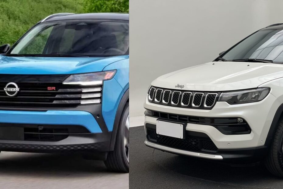 Frente do Nissan Kicks 2026 e do Jeep Compass.
