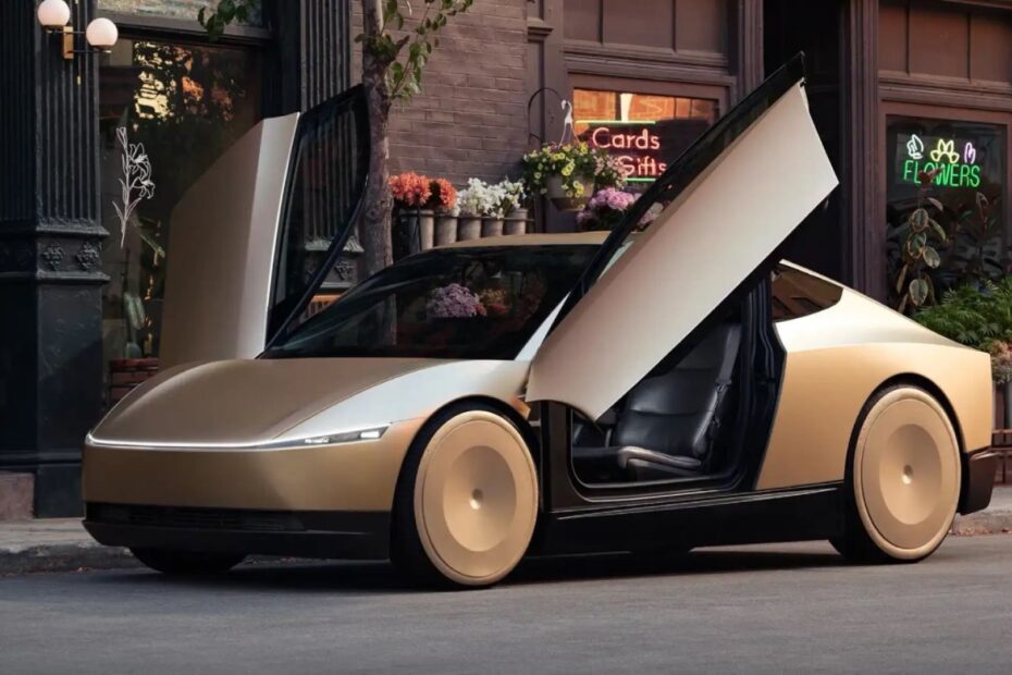 Robotaxi da Tesla na diagonal com as portas abertas.