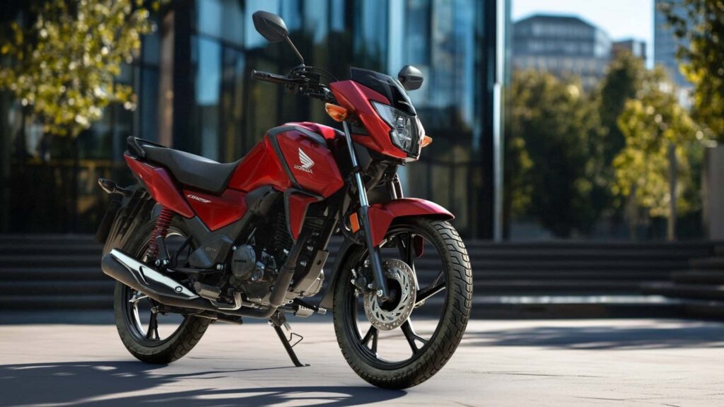Honda CB125F 2026 vermelha na diagonal.