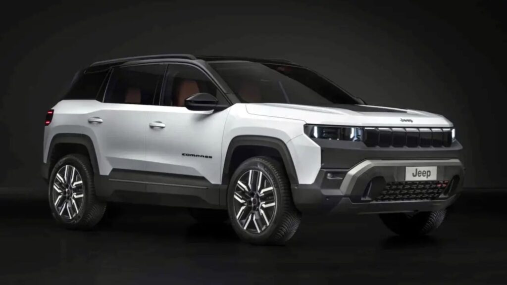 Jeep Compass 2026 branco na diagonal.