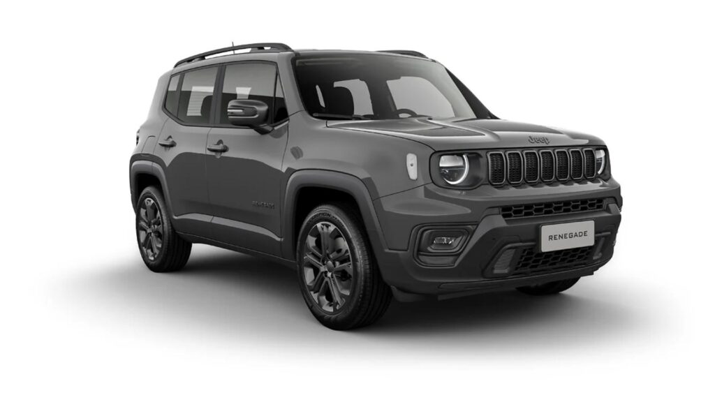 Jeep Renegade cinza escuro na diagonal em um fundo branco.