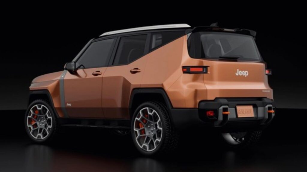 Traseira do novo Jeep marrom no fundo escuro.
