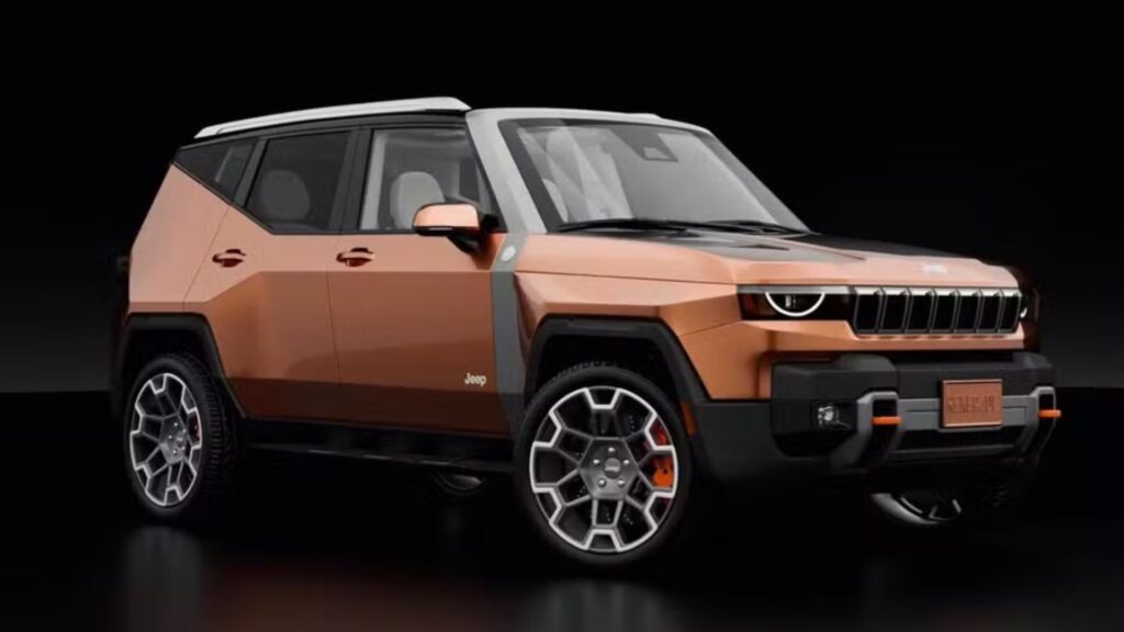 Novo visual do Jeep Renegade marrom na diagonal em um fundo escuro.