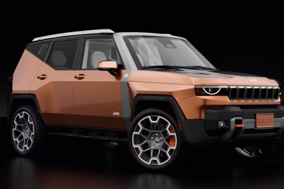 Novo visual do Jeep Renegade marrom na diagonal em um fundo escuro.