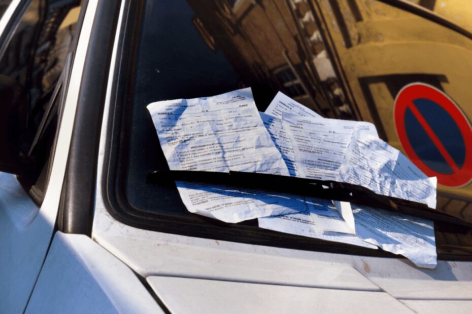 Carro branco com multas no limpador de parabrisa.