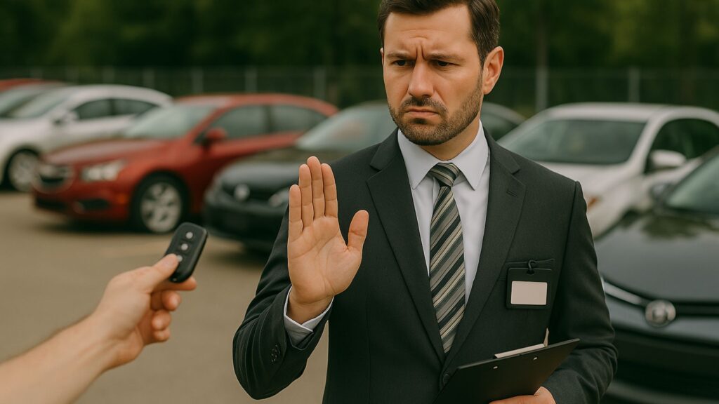 Vendedor de carros usados recusando um carro usado.