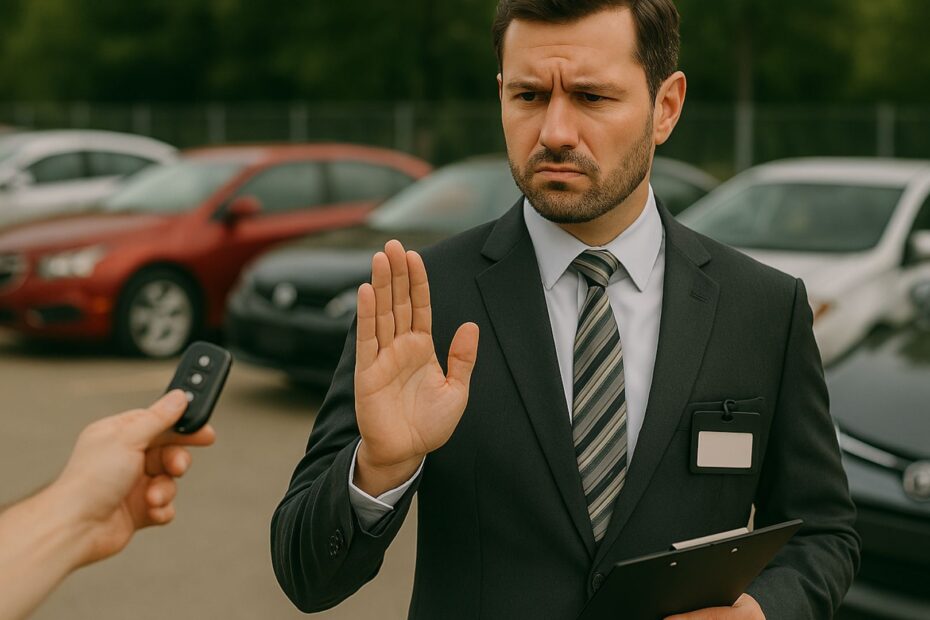 Vendedor de carros usados recusando um carro usado.
