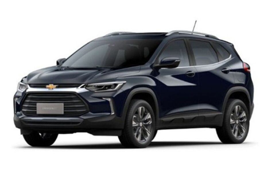 Chevrolet Tracker Premier 1.2 azul marinho na diagonal em um fundo branco.