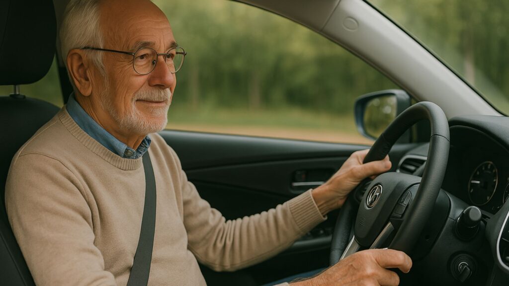 Idosos segurando o volante de um carro com um sueter bege.