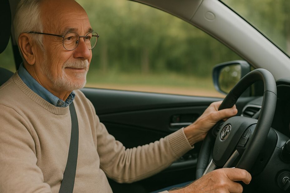 Idosos segurando o volante de um carro com um sueter bege.
