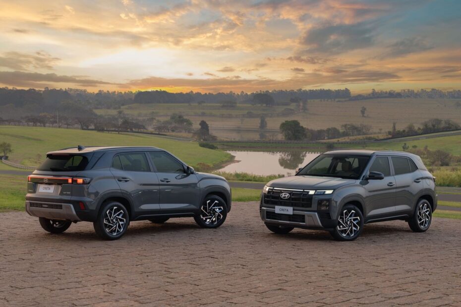 Hyundai Creta cinza na diagonal com no fundo um sol.
