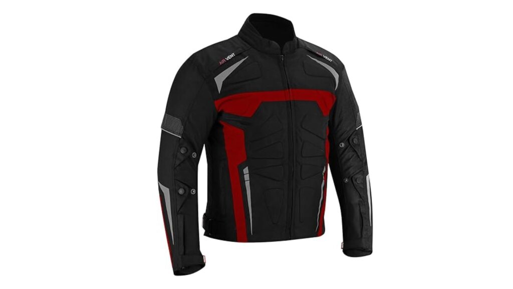 Jaqueta de moto vermelha com preto em um fundo branco