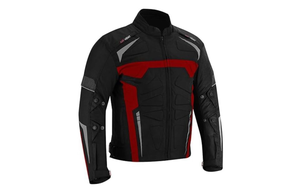Jaqueta de moto vermelha com preto em um fundo branco