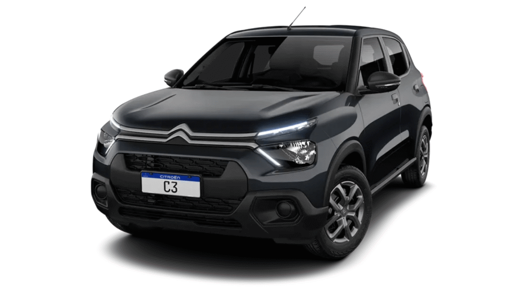 Citroën C3 2026 preto parado na diagonal no fundo branco.
