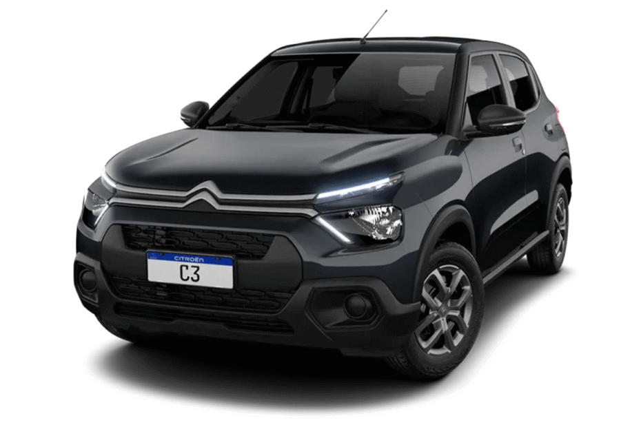 Citroën C3 2026 preto parado na diagonal no fundo branco.