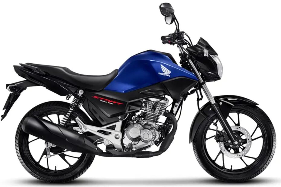 Honda CG 160 2026 AZUL PARADA EM UM FUNDO BRANCO.