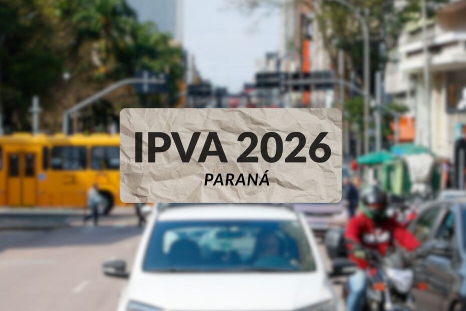 Carros em trânsito com uma placa escrito IPVA Paraná 2026 no meio da imagem.