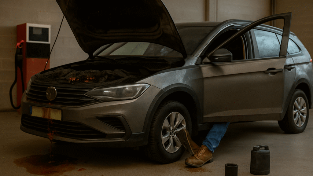Carro com o capô aberto arado em uma garagem com uma pessoa mexendo.