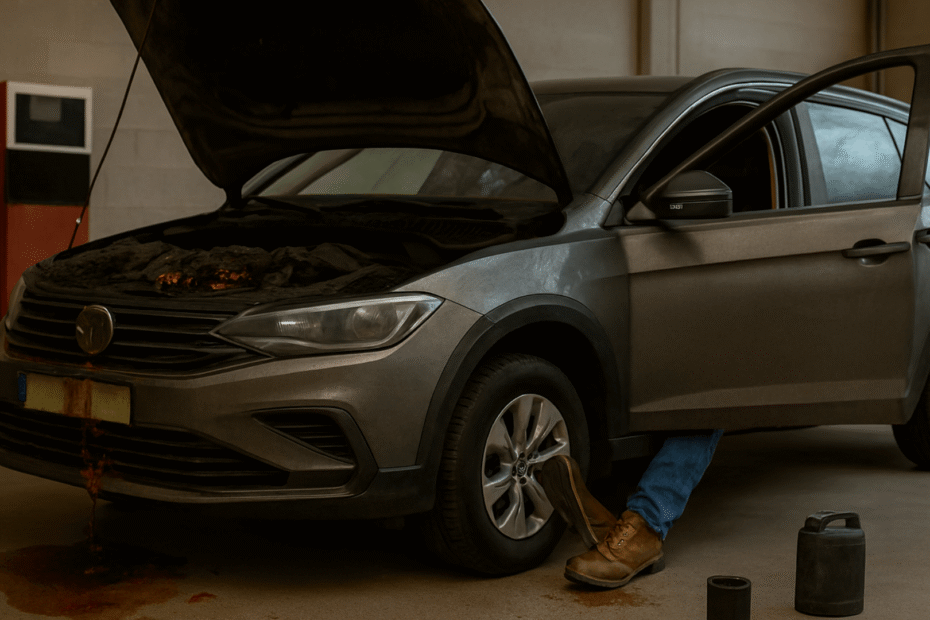 Carro com o capô aberto arado em uma garagem com uma pessoa mexendo.