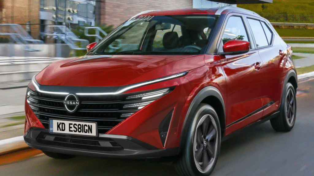 Nissan Kait vermelho parado na beirada da estrada.
